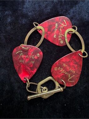 Fender Red Guitar Pick Link Bracelet with Brass Accents